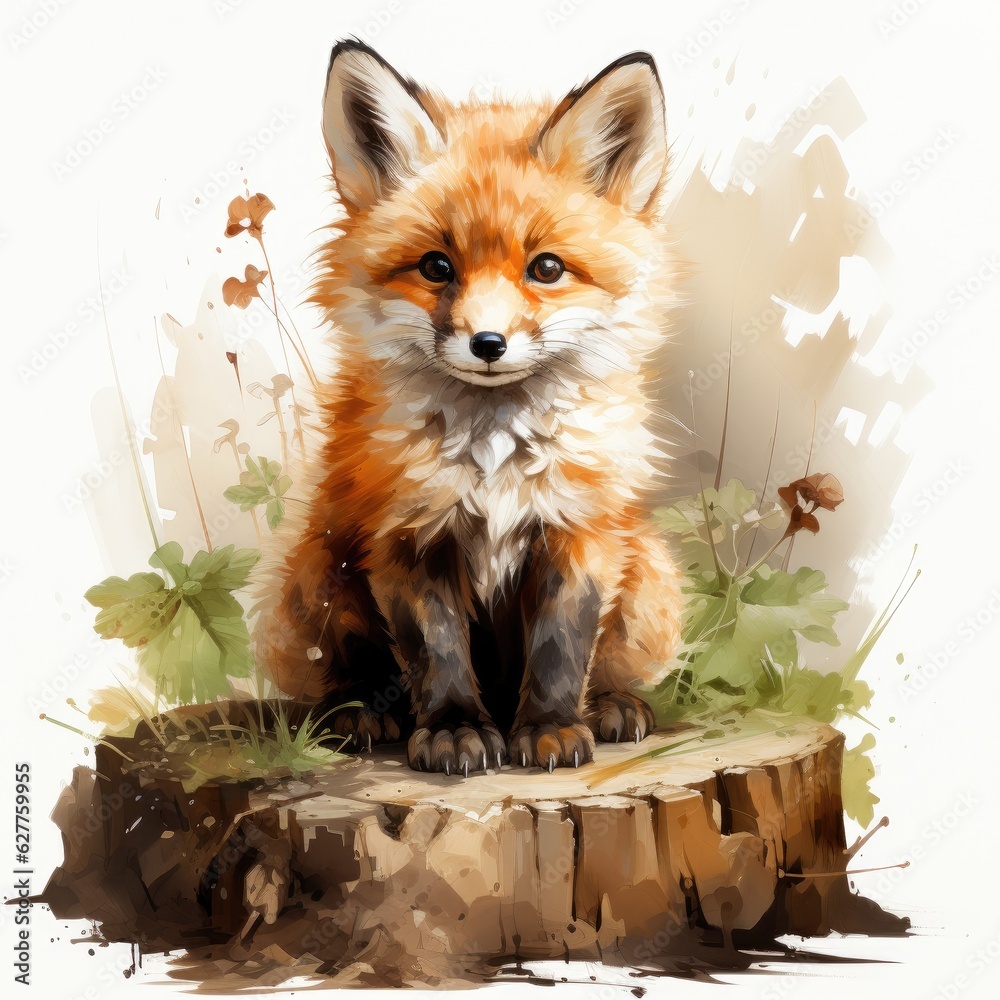 Obraz premium Hand Painted Watercolor Clipart Playful Baby Fox