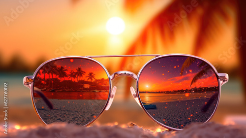 Amazing Golden Hour Close-up Shot of Sunglasses with Reflective Seascape in a Serene Calm End of the Day Mood - Generative AI  © Gejsi