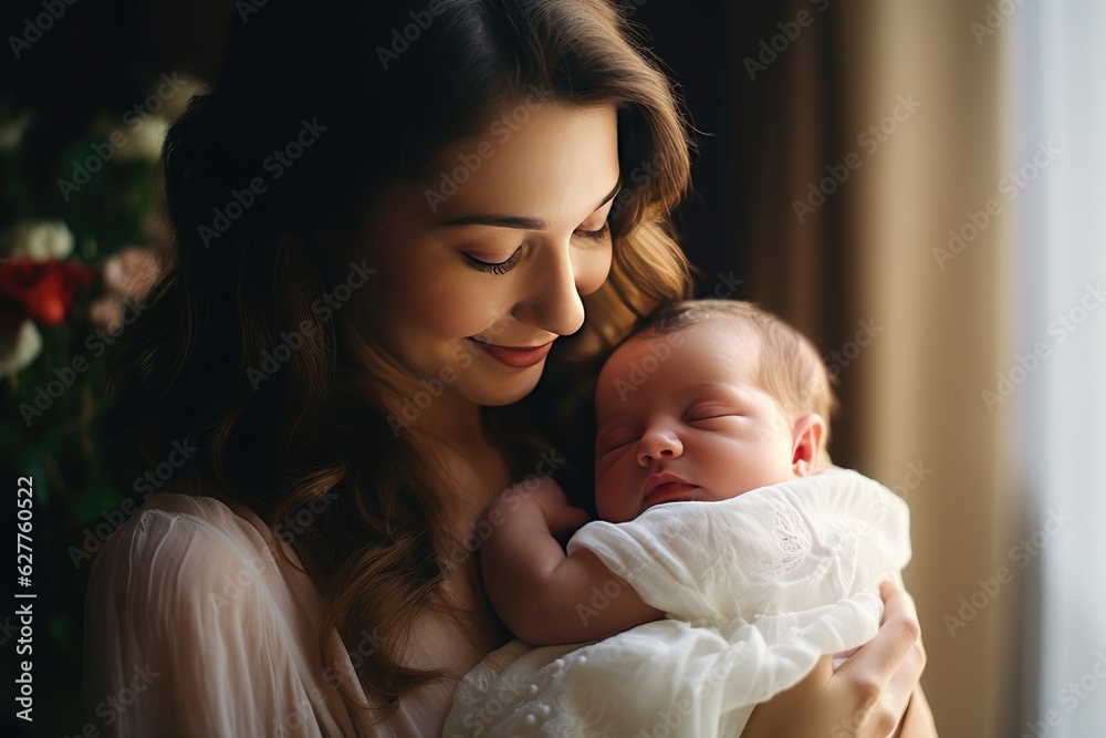 Young mother lovingly cradles her newborn baby in her arms Young mother lovingly cradles her newborn baby in her arms
