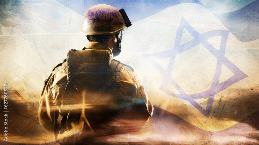 Israeli Soldier created with the help of AI, with underlying flag over