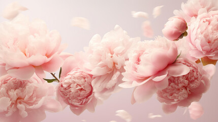 Many delicate tender pink big and small open and closed peony flowers and buds levitating on seamless pink surface. 