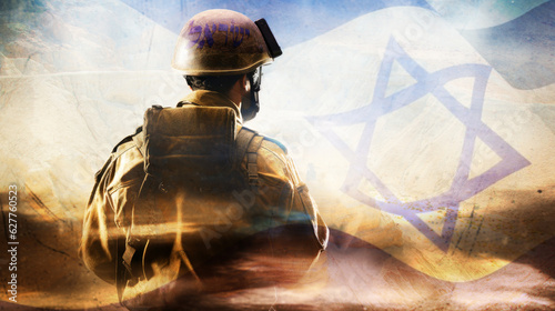 Fotografiet Israeli Soldier created with the help of AI, with underlying flag over the desert of Qumran and the Hebrew letters Israel on the helmet