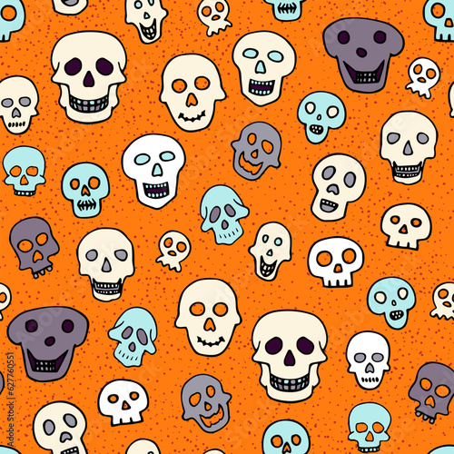 Doodle Halloween sculls seamless pattern. Skeleton on orange texture background. Hand-drawn scary cranium. Mystical sketch character. Vector illustration for spooky autumn holiday, The day of the Dead