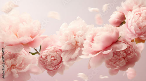 Fotografia Many delicate tender pink big and small open and closed peony flowers and buds levitating on seamless pink surface