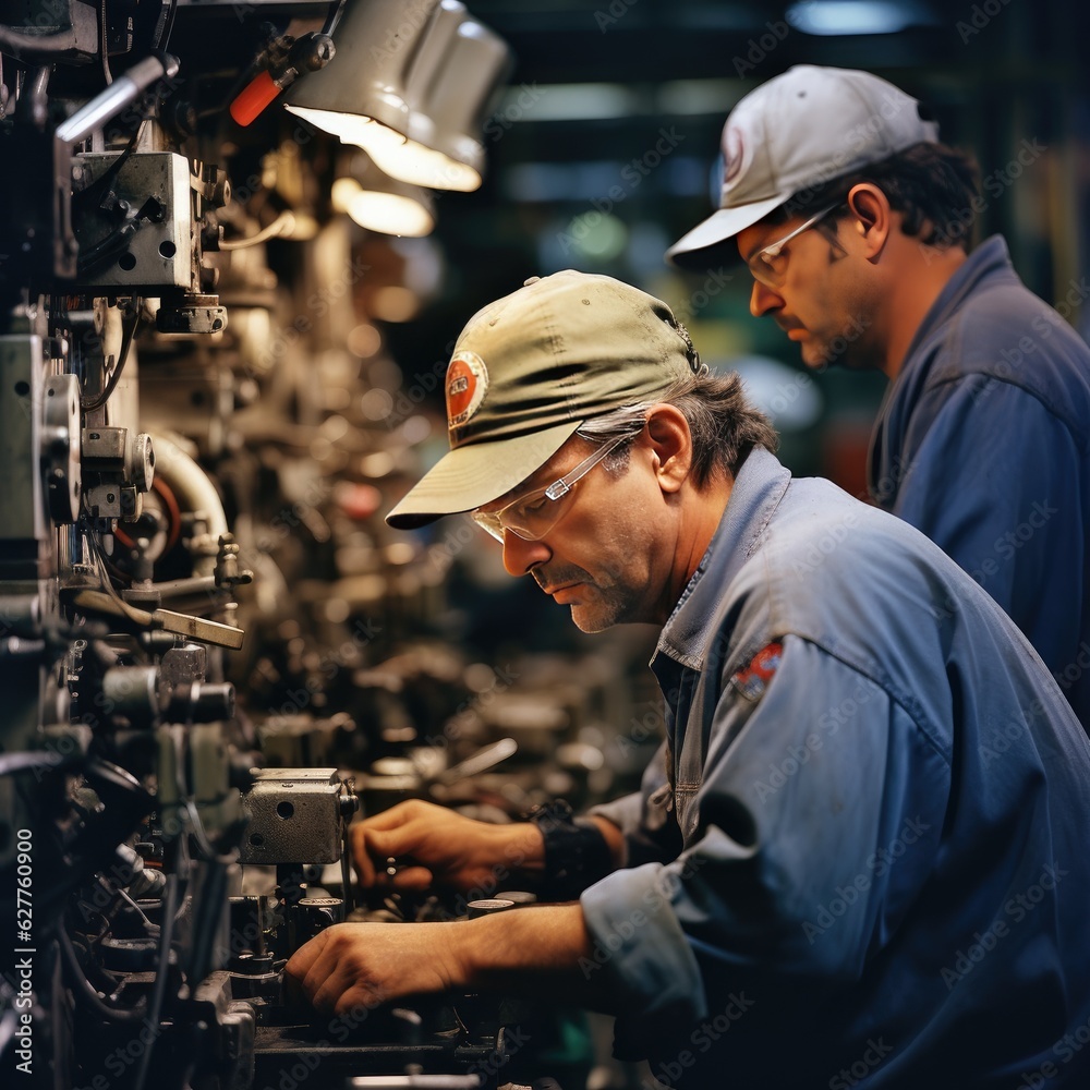 Skilled individuals operating various machines in a manufacturing or industrial