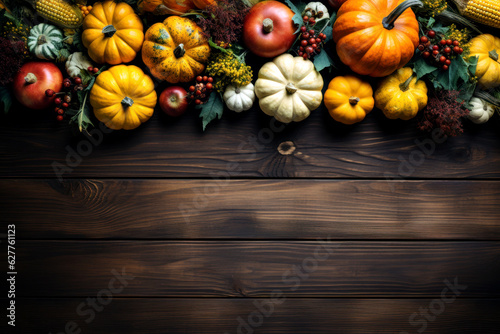 Pumpkins, gourds and autumn halloween vegetables on wooden background with copy space - generative ai