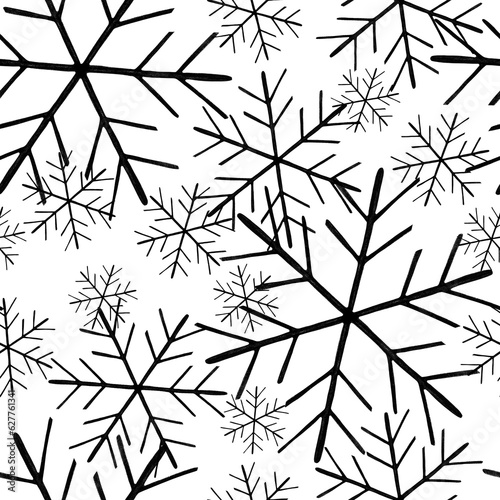 Black and White Seamless Pattern with Hand Drawn Snowflakes.