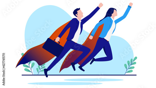 Business superheroes flying - Two businesspeople, man and woman in superhero outfit heading fro success. Flat design vector illustration with white background © Knut