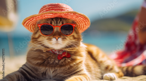 Chill Vacation Vibes: Humorous Tabby Cat Wearing Sunglasses and Hat at Beach - Generative AI 