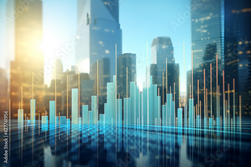 digital bar chart with a city scape in the background  finance district  stocks concept