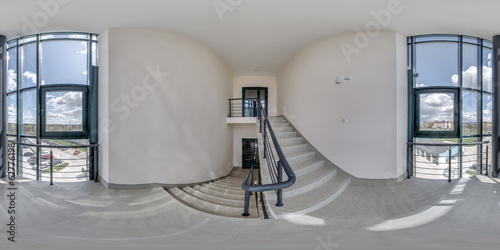 hdri 360 panorama view in empty modern hall near panoramic windows with columns, staircase and doors in full equirectangular spherical projection,may use as environment map in VR