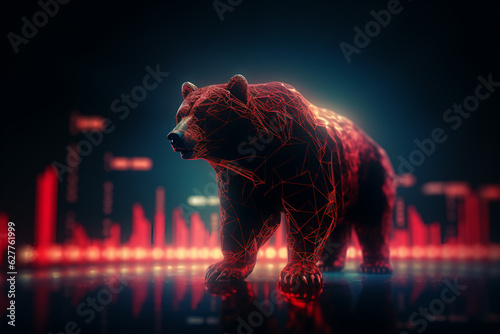 Bear market concept: digital red bear with stock charts in the background