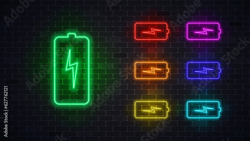 Battery neon sign. Vector illustration