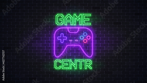 Neon game center glowing sign. Vector illustration