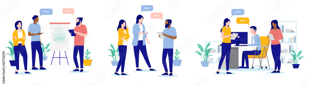 Office work vector illustrations - Collection of people standing, working and talking together in workplace. Flat design with white background Office work vector illustrations - Collection of people standing, working and talking together in workplace. Flat design with white background