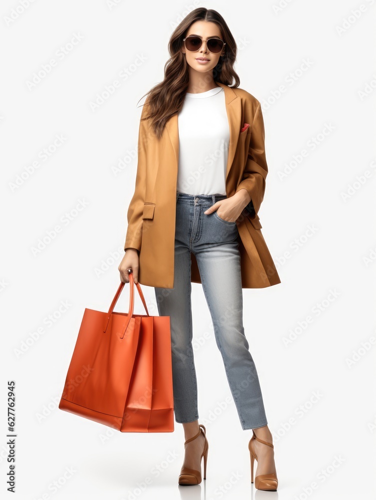 High-Fashion Woman in Stylish Outfit and Shopping Bag High-Fashion Woman in Stylish Outfit and Shopping Bag