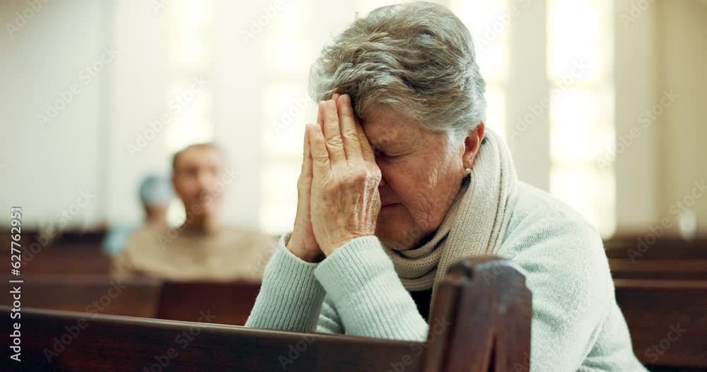 Worship, praying or old woman in church for God, holy spirit or religion in cathedral or Christian community. Faith, spiritual or elderly person in chapel sanctuary to praise Jesus Christ with hope Worship, praying or old woman in church for God, holy spirit or religion in cathedral or Christian community. Faith, spiritual or elderly person in chapel sanctuary to praise Jesus Christ with hope