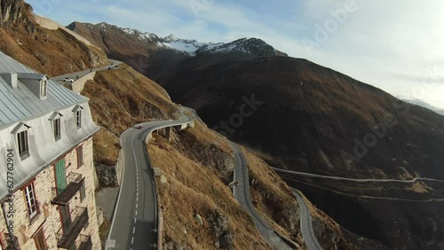 Aerial View of Hotel Belvedere, Furka Pass in Wallis - Switzerland  photo