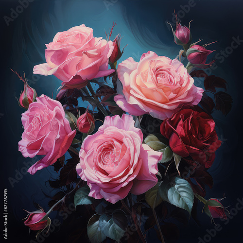 Pink roses background. Generative AI technology 
