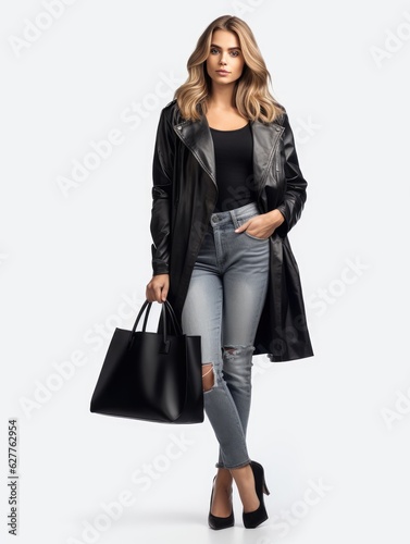 High-Fashion Woman in Stylish Outfit and Shopping Bag