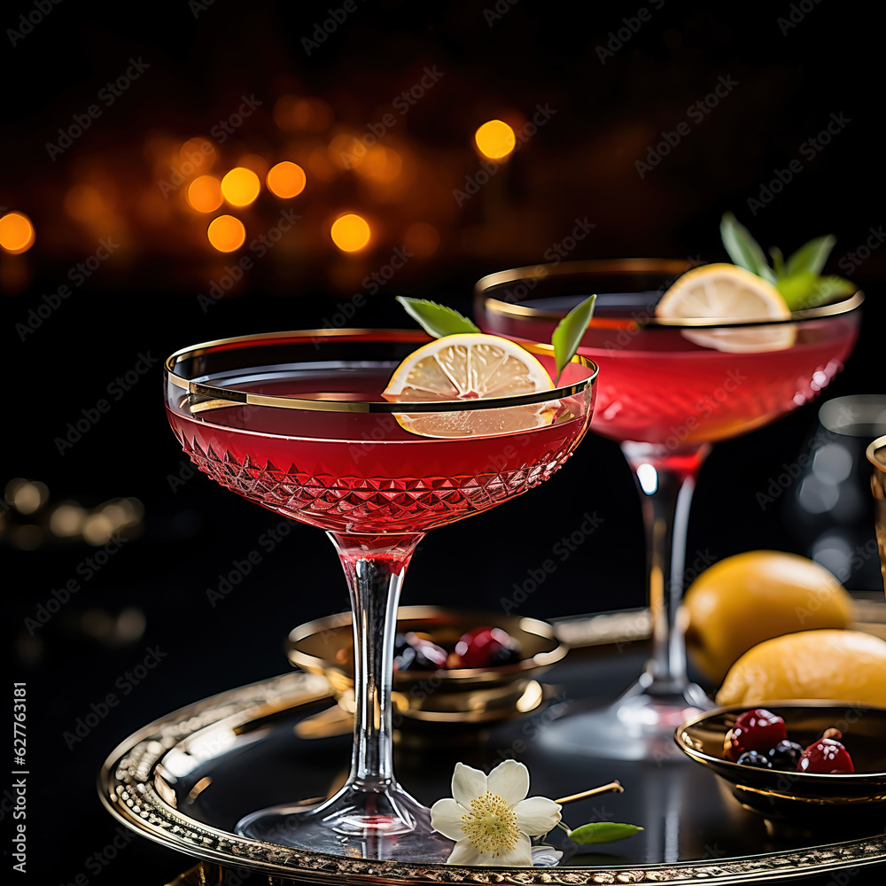 Two Cosmopolitan cocktails in two glass goblets on a very elegant metal tray against a black background with textured lights - obrazy, fototapety, plakaty 