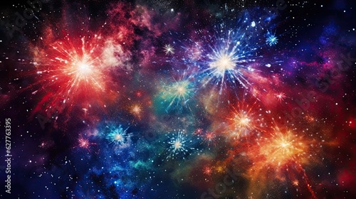 Colorful rainbow cosmic universe with stunning galaxy, stardust, nebula and shining stars in space background. Digital art. AI illustration for artwork, party flyers, posters, banners, brochures..