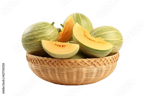 A realistic portrait of Ambrosia melon in a basket isolated PNG photo