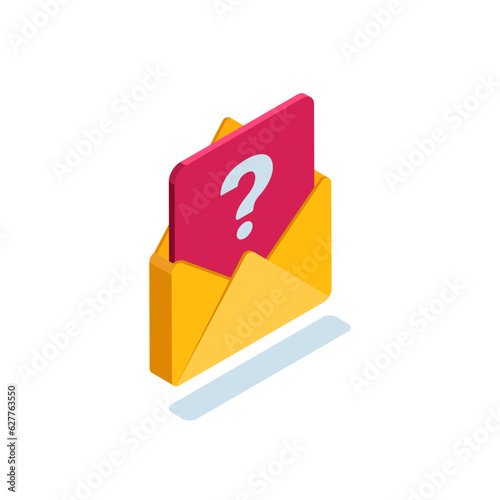 isometric envelope and question mark in color on white background, suspicious email or viral spam