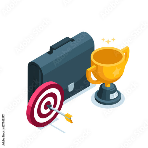 isometric icon of briefcase and target with goblet in color on white background, victory or success in business