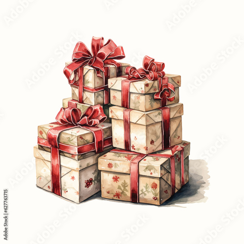 watercolor christmas gift boxes with ribbon