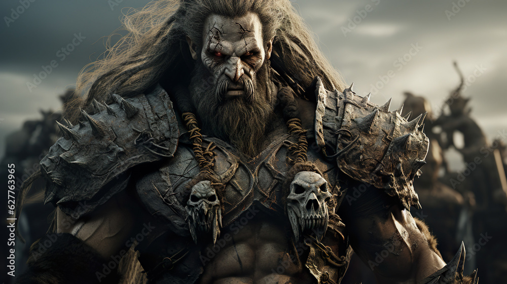 Fototapeta premium High Fantasy Character: An epic portrait of a muscular orcish barbarian leading warrior to battle