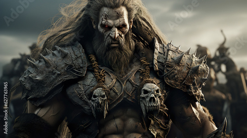 High Fantasy Character: An epic portrait of a muscular orcish barbarian leading warrior to battle