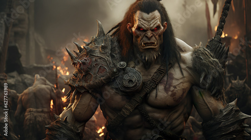 High Fantasy Character: An epic portrait of a muscular orcish barbarian leading warrior to battle © rpbmedia