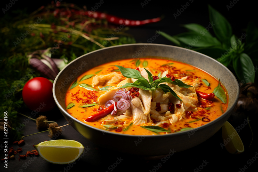 Tom Yum traditional Thai soup on a black background