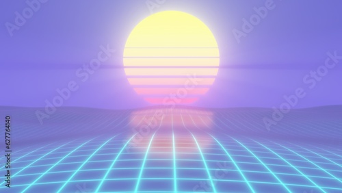 фотографія Retro Synthwave 80s Sun Above Wireframe Grid Neon Glowing Ocean Waves - Abstract