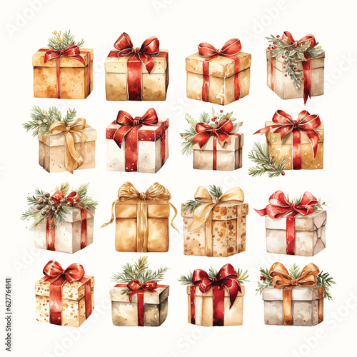 watercolor christmas gift boxes with ribbon