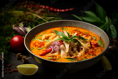 Tom Yum traditional Thai soup on a black background