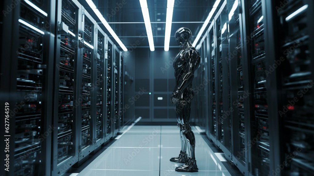 A dark server room with tall industrial looking storage with neon ...