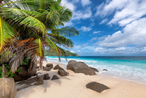 Tropical Sunny beach, palm trees and blue ocean in paradise Seychelles. Summer vacation and tropical beach concept.