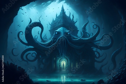 Majestic Kraken, Guardian of Ancient Temple - Luminescent Underwater Presence | Mythical Sea Creature Art - Generative AI