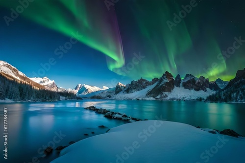 The Northern Lights dancing over snowy mountains.