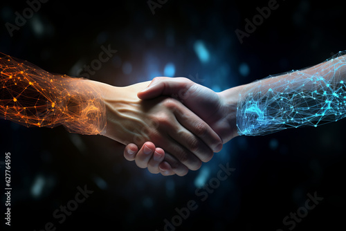 Two human hands shaking as if making a buying deal  with blue and orange digital cyber overlay  black background. Collaboration of robotics and AI with human society. Generative AI technology