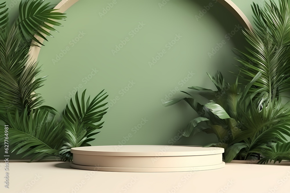 3d render of minimal display podium with tropical plant 3d render of minimal display podium with tropical plant
