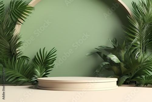 3d render of minimal display podium with tropical plant