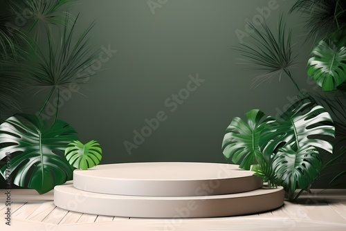 3d render of minimal display podium with tropical plant © Cubydesign