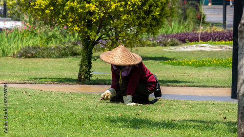 A gardener is doing lawn maintenance in the garden. Bandung, July 2023.