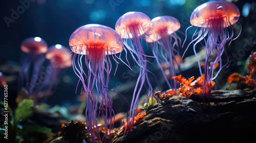 Jellyfish in an aquarium, in the style of dark indigo. Generative AI