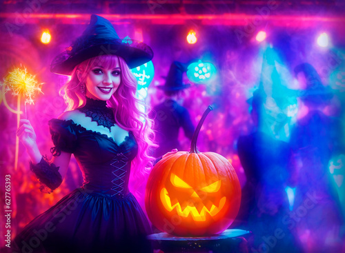 Girl in Witch costume with a Pumpkin Jack-o-lantern at a Halloween Party