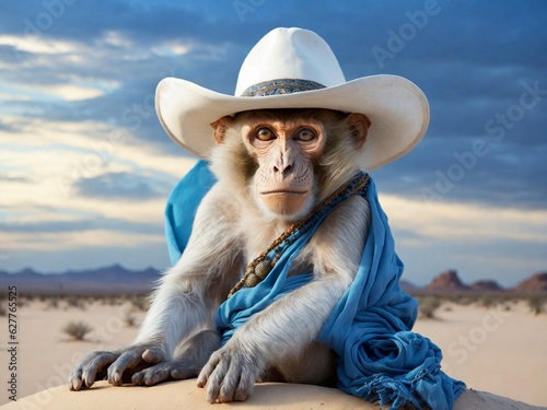 Monkey with a Mexican hat, in the sand of the desert, in a clear sunny day, image created with artificial generative intelligence