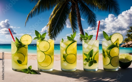 Mohito drink, cocktails on the beach, generative ai photo